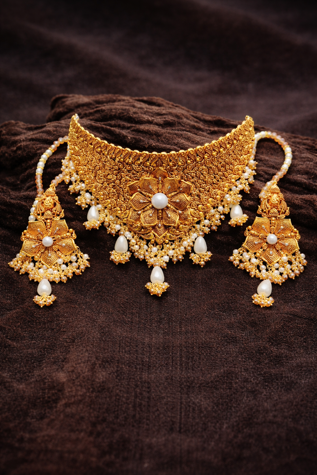✨ Bridal Gold Necklace Set – Classic Floral Elegance ✨