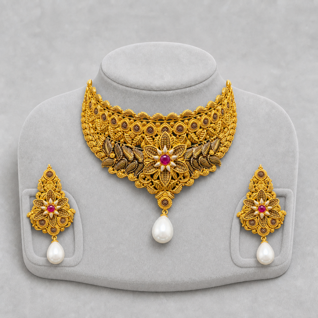 Iftikhar Jewellers antique gold floral choker set with pearl drops