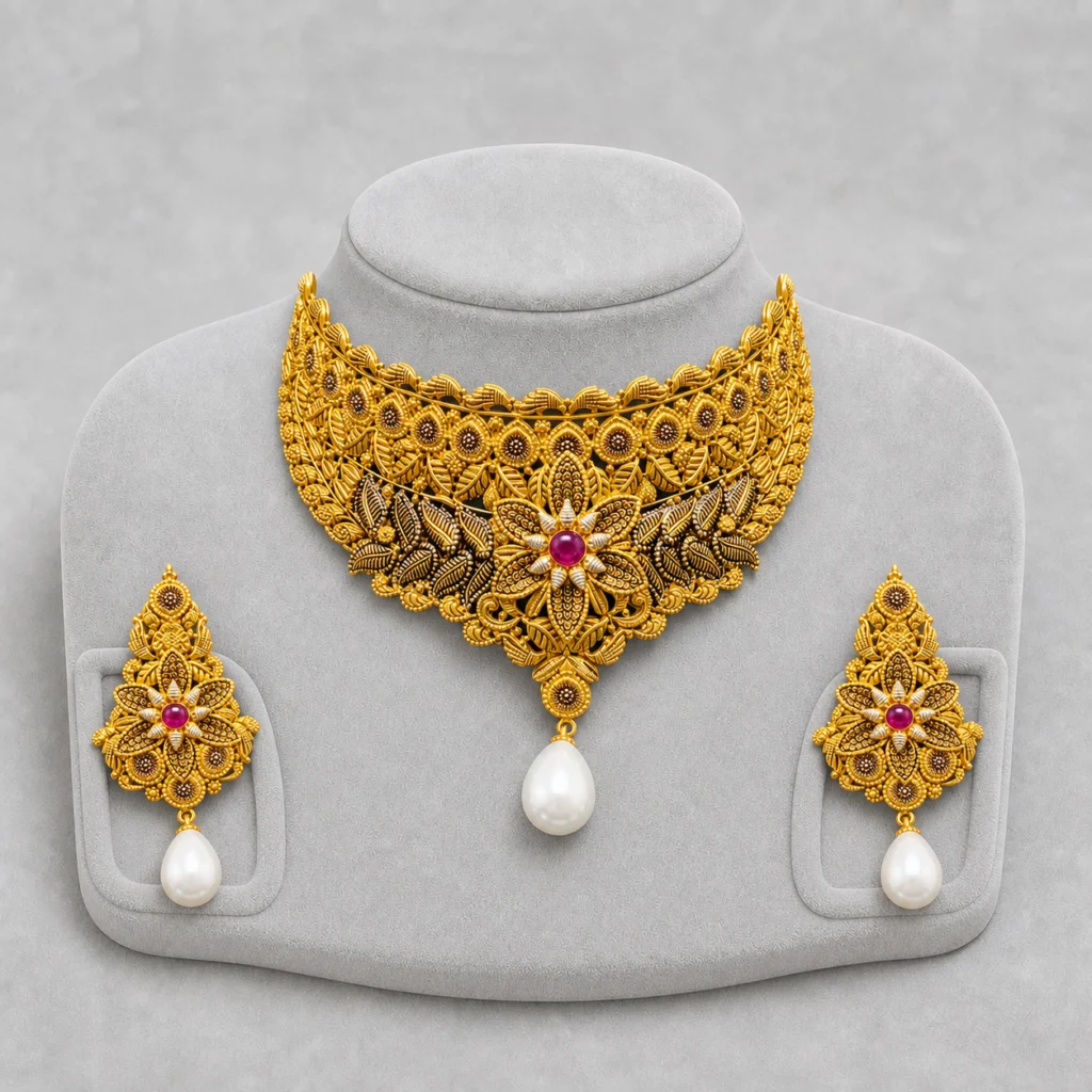 Iftikhar Jewellers antique gold floral choker set with pearl drops