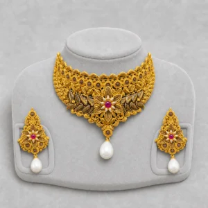 Iftikhar Pearl Drop Floral Gold Choker Set 03