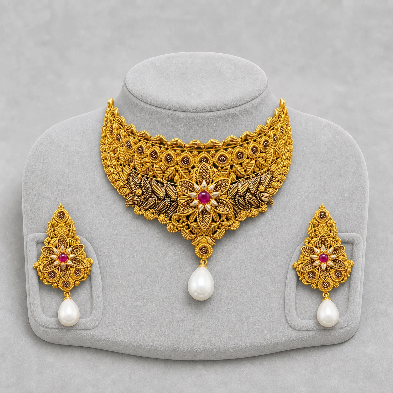 Iftikhar Pearl Drop Floral Gold Choker Set 03