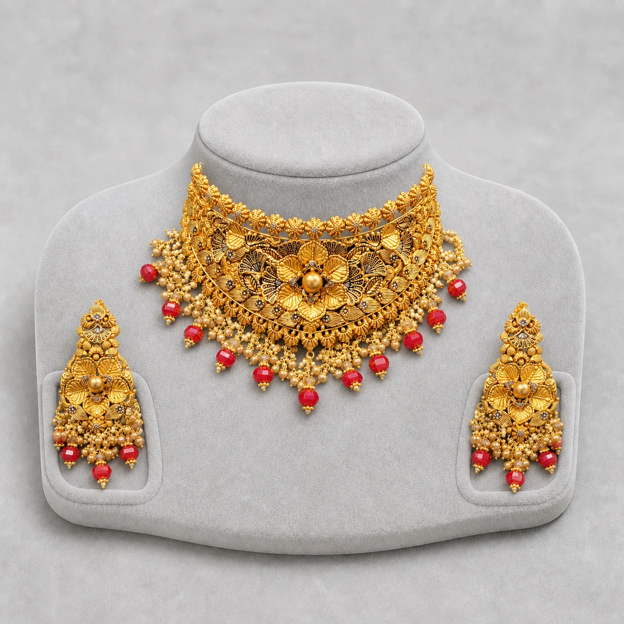 Iftikhar Ruby Drop Gold Choker Set 04
