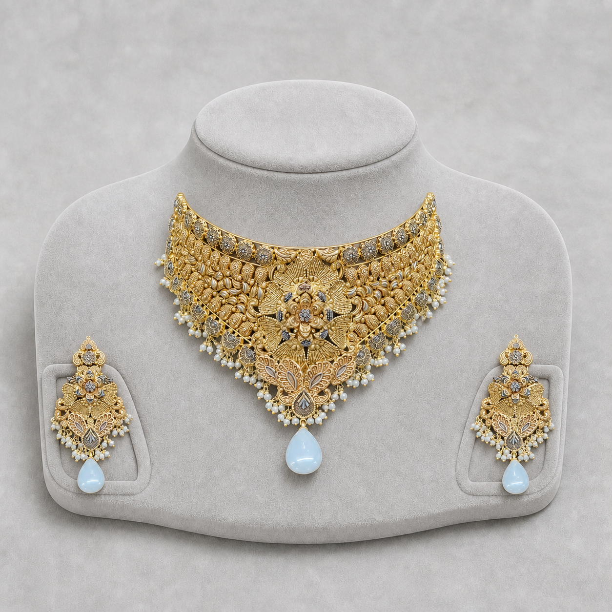 Iftikhar Diamond Pearl Gold Choker Set 06