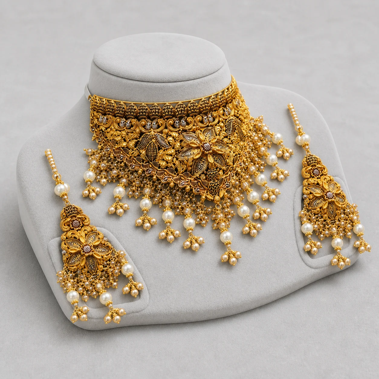 Iftikhar Antique Pearl Gold Choker Set 10 - Image 2