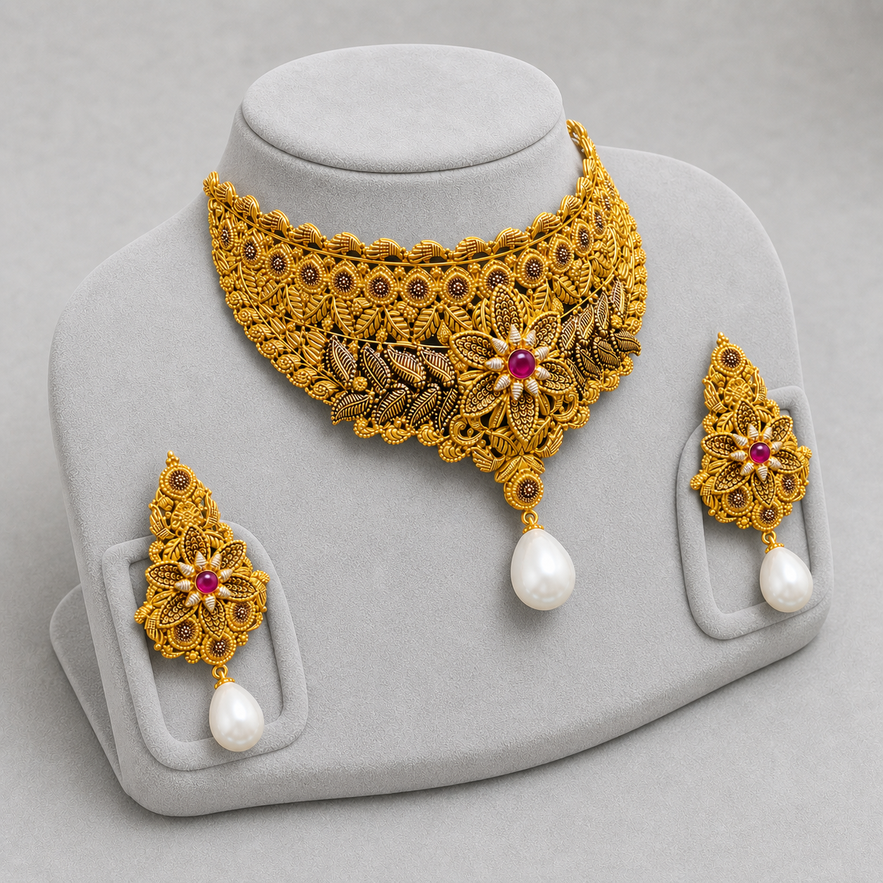 Iftikhar Pearl Drop Floral Gold Choker Set 03 - Image 2